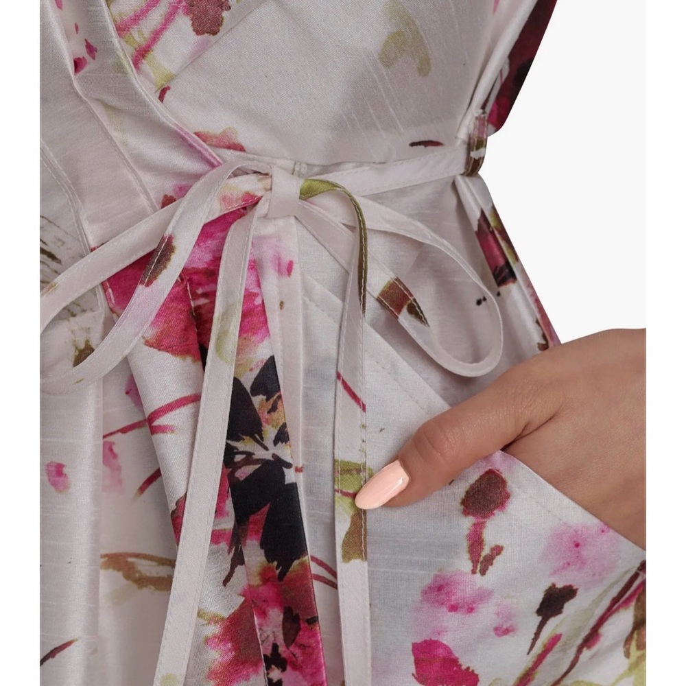 Donna Karan White Floral Wrap Midi Dress with Pink Accents - Picture 6 of 14